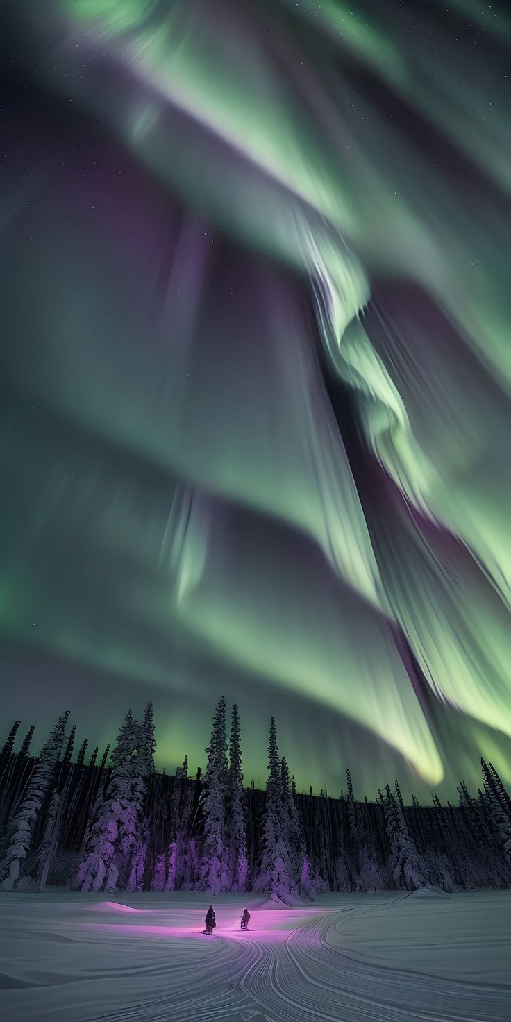 the northern lights shine brightly over trees and snow