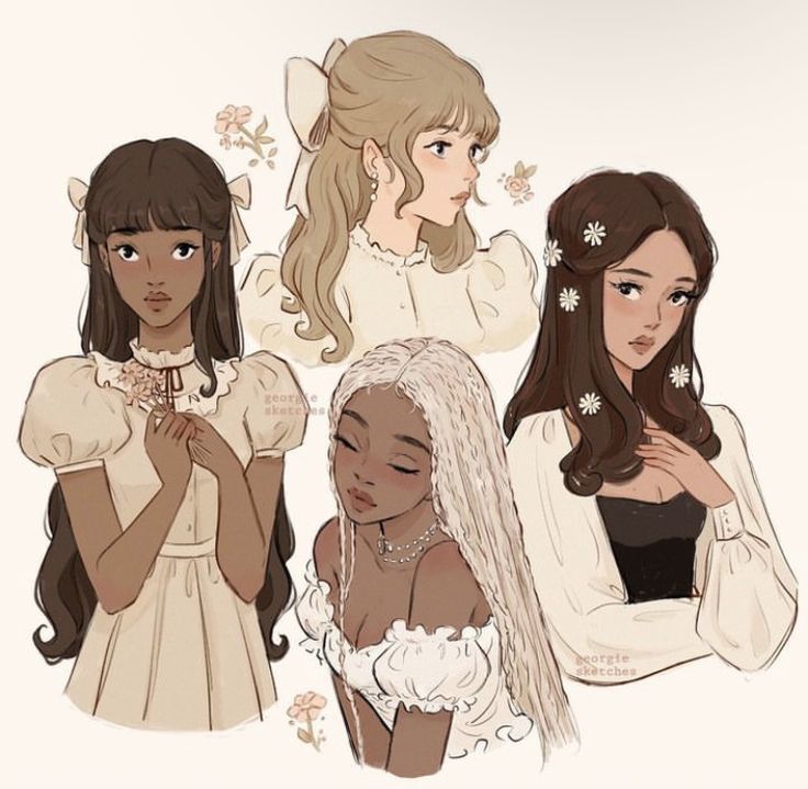 four girls with long hair and white dresses