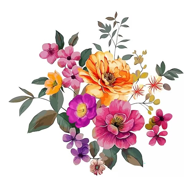 an arrangement of colorful flowers on a white background