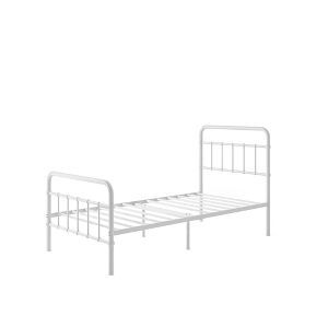 a white metal bed frame with no headboard and foot board is shown in front of a white background