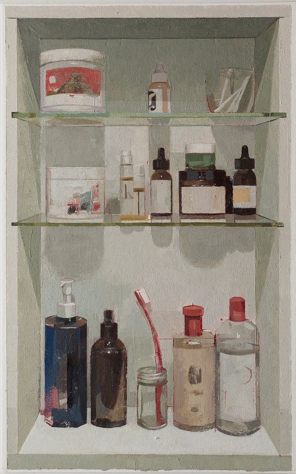 an oil painting of bottles and containers on a shelf with toothbrushes in them