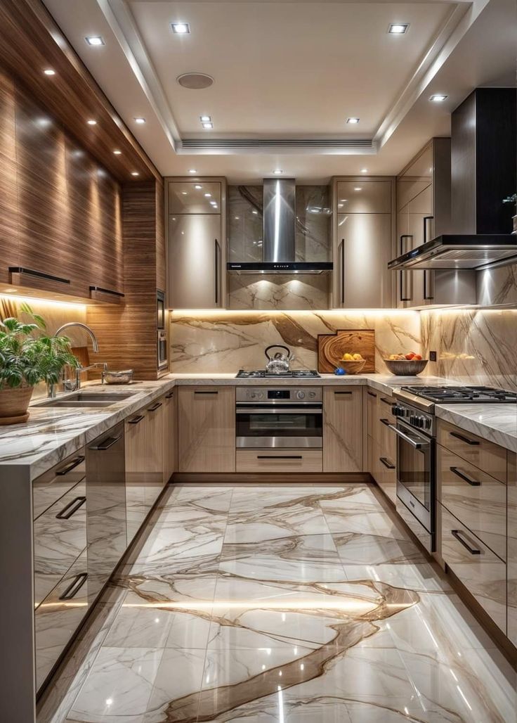 a kitchen with marble flooring and wooden cabinets