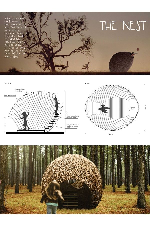 an advertisement for the nest in the woods with people walking around and looking at it