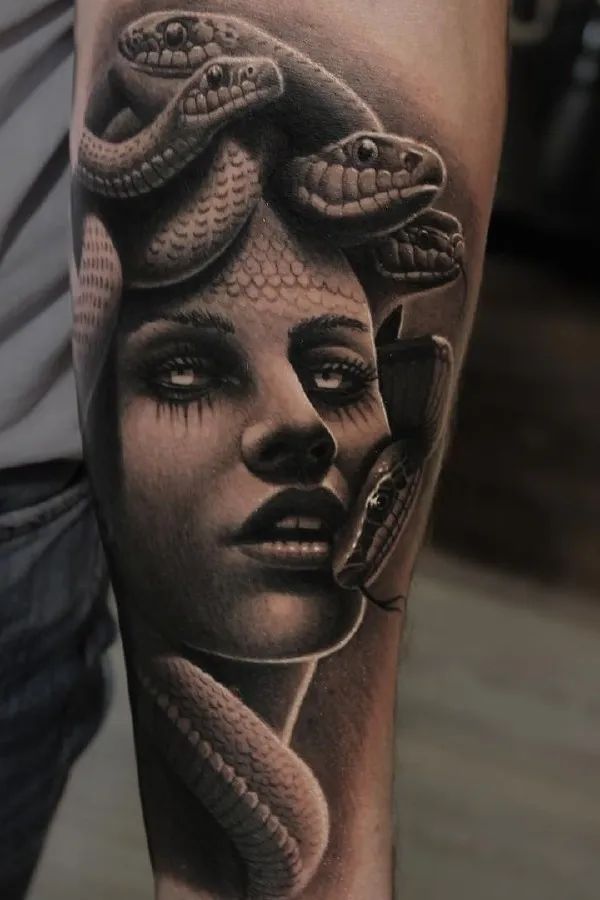 Black and Gray Shaded Medusa Tattoo | Medusa tattoo, Medusa tattoo ...