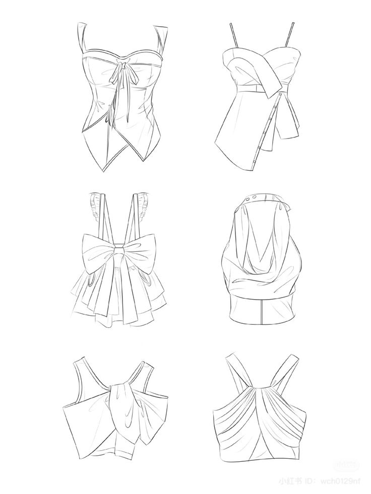 four different types of bras with bows on the front and back, all drawn in pencil