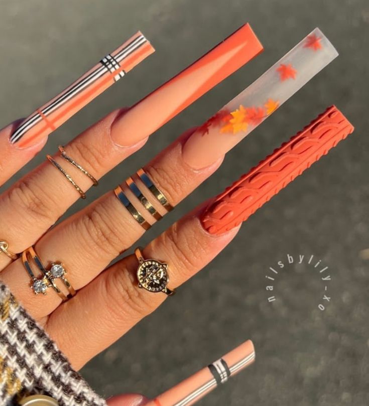 Autumn Nails Long Square, Xl Fall Nails, Fall Long Nails Ideas, Nude Glam Nails, October Nail Designs Fall, Hair Staly, Xxl Nails, Orange Acrylic Nails, Stilleto Nails Designs