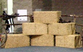 a bicycle is parked next to hay bales