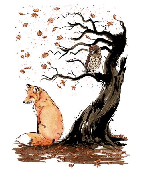 a fox sitting next to a tree with an owl perched on it