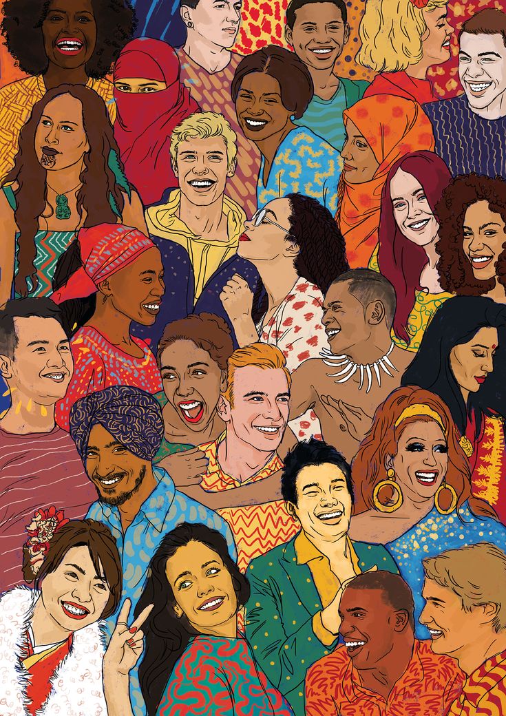 a large group of people are all smiling and having different expressions on their faces in this colorful illustration