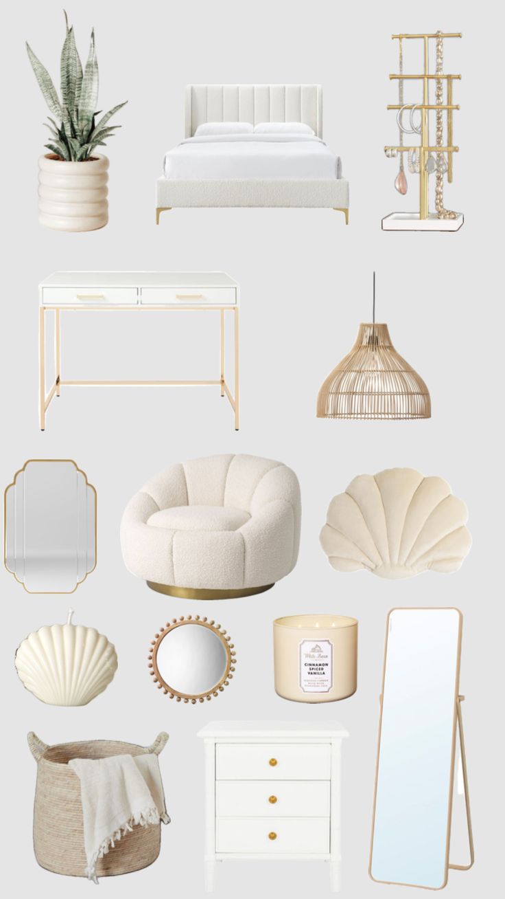 an assortment of white furniture and accessories