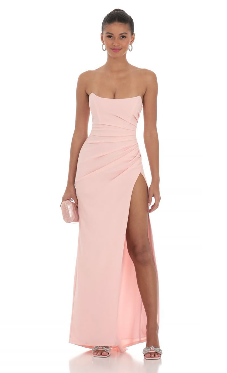 Strapless Corset Maxi Dress in Pink | LUCY IN THE SKY Big Prom Dresses Ball Gown, Prom Dresses Lucy In The Sky, Prom Dresses For Fair Skin, Bright Colored Formal Dresses, Light Pink Long Dress Formal, Long Dresses For Homecoming, Pink Strapless Formal Dress, Bridesmaid Dresses With Corset, Ball Formal Dresses