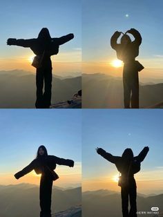 four pictures of a person with their arms spread out in front of the sun and mountains