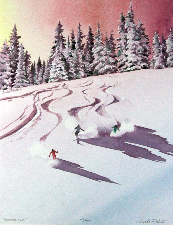 two people skiing down a snowy hill with trees in the background at sunset or dawn