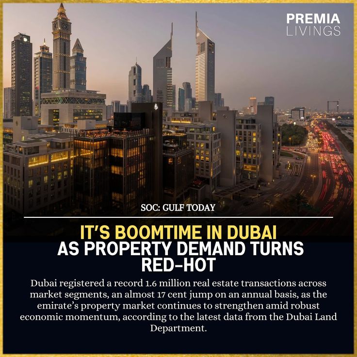 an advertisement for a real estate in the middle of dubai, with text overlaiding it's boomtime in dubai as property demand turns red - hot