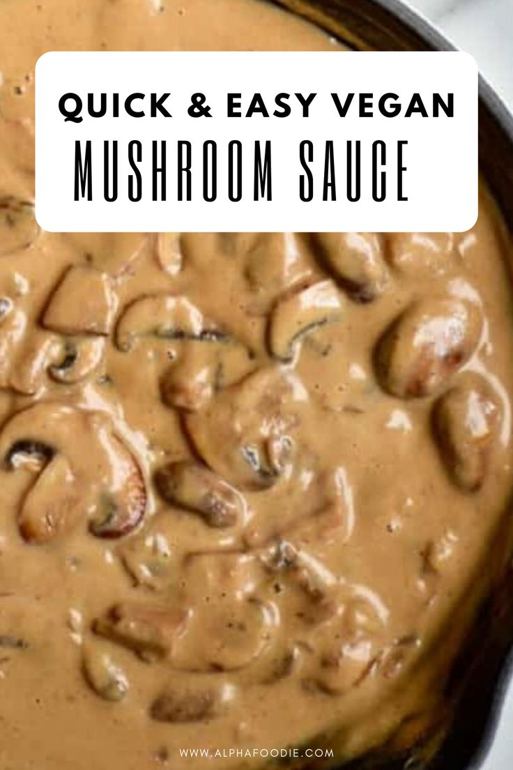 a pan filled with mushroom sauce on top of a white tablecloth and text overlay