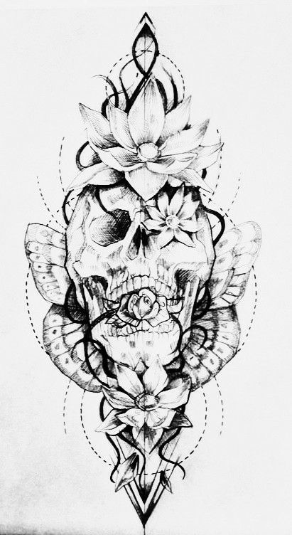 a drawing of a skull with flowers on it