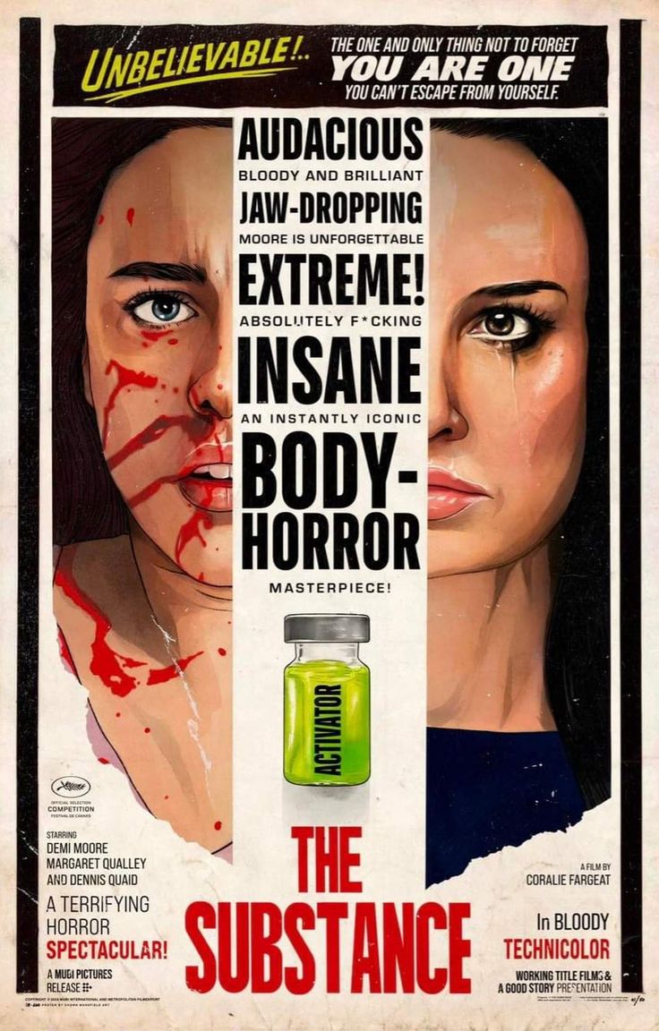 the substance movie poster with two women and one man's face covered in blood