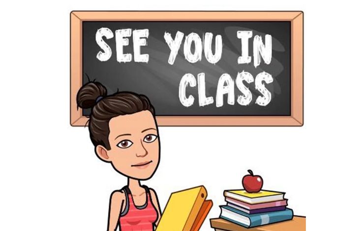 a woman sitting in front of a blackboard with the words see you in class