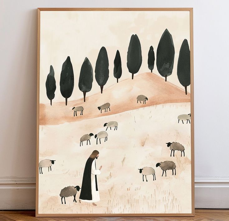 a painting with sheep and trees in the background on a wooden floor next to a white wall