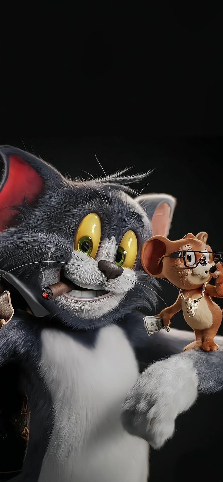 a cat and mouse are standing next to each other in front of a black background