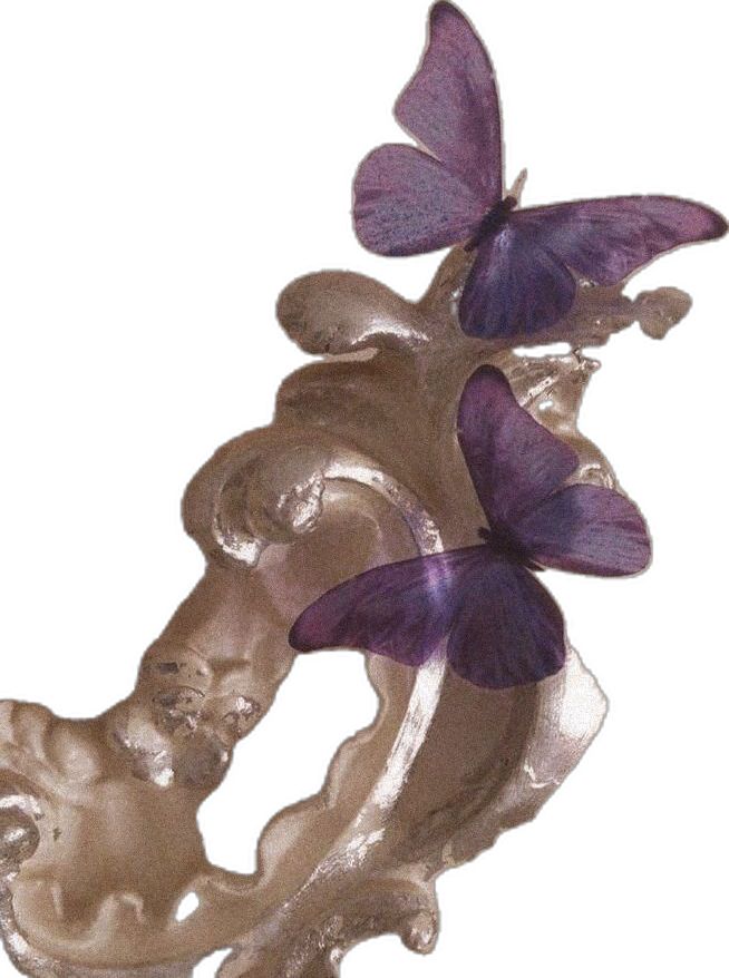 two purple butterflies sitting on top of a metal object in front of a white background