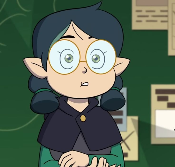 a cartoon character with glasses on her face and black hair, standing in front of a green wall