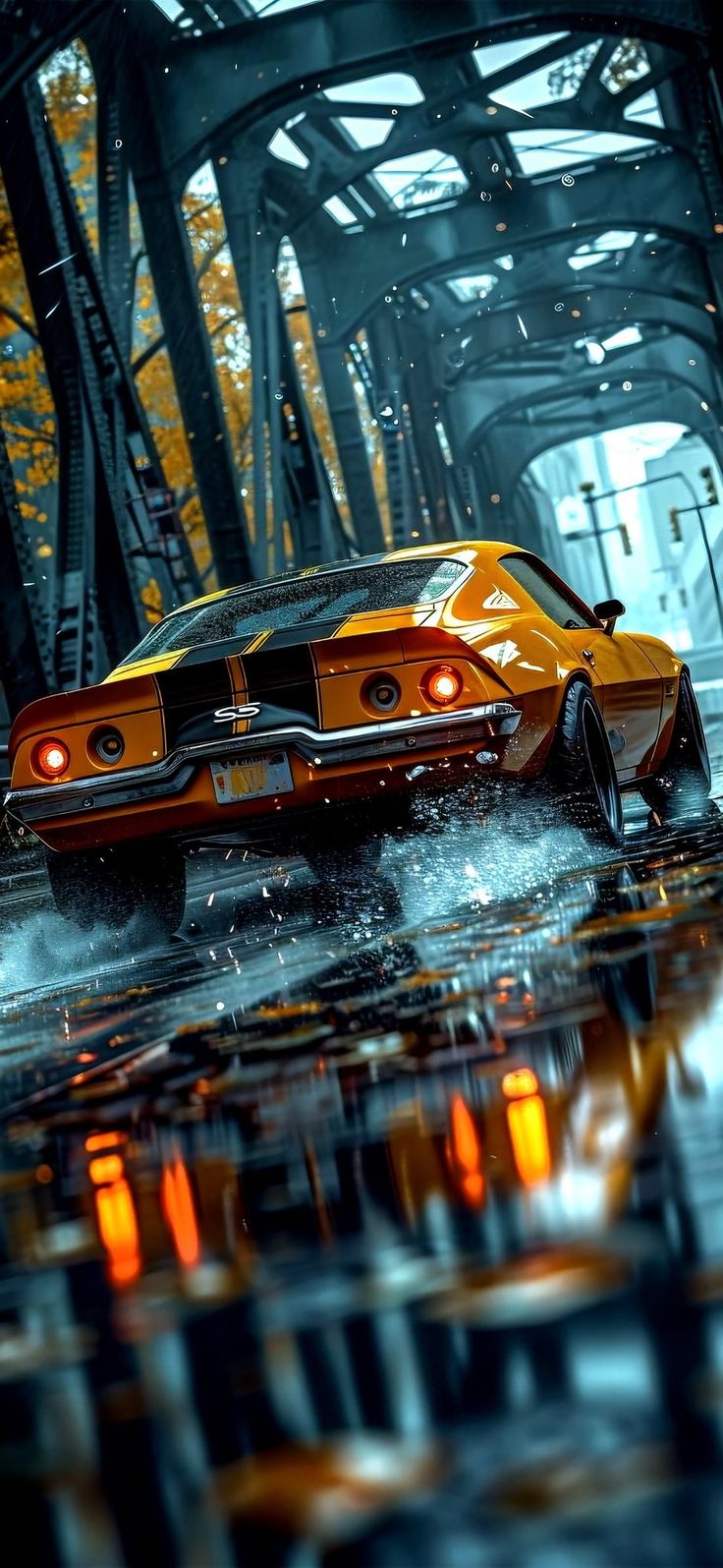 an orange car is driving through the rain