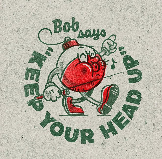 the logo for bob says, keep your head on it's back side with an image of a heart running