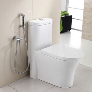 a white toilet sitting next to a shower head in a bathroom with tile flooring