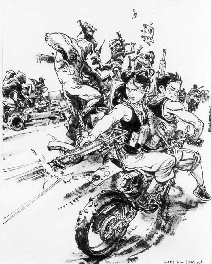 a black and white drawing of people riding motorcycles