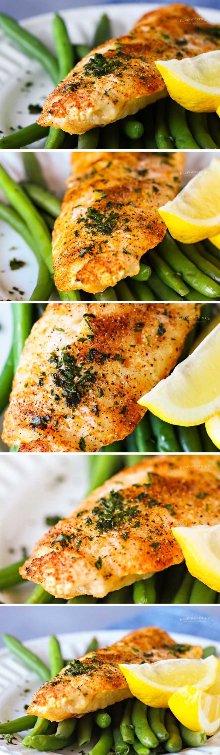 three pictures of fish and asparagus on a plate