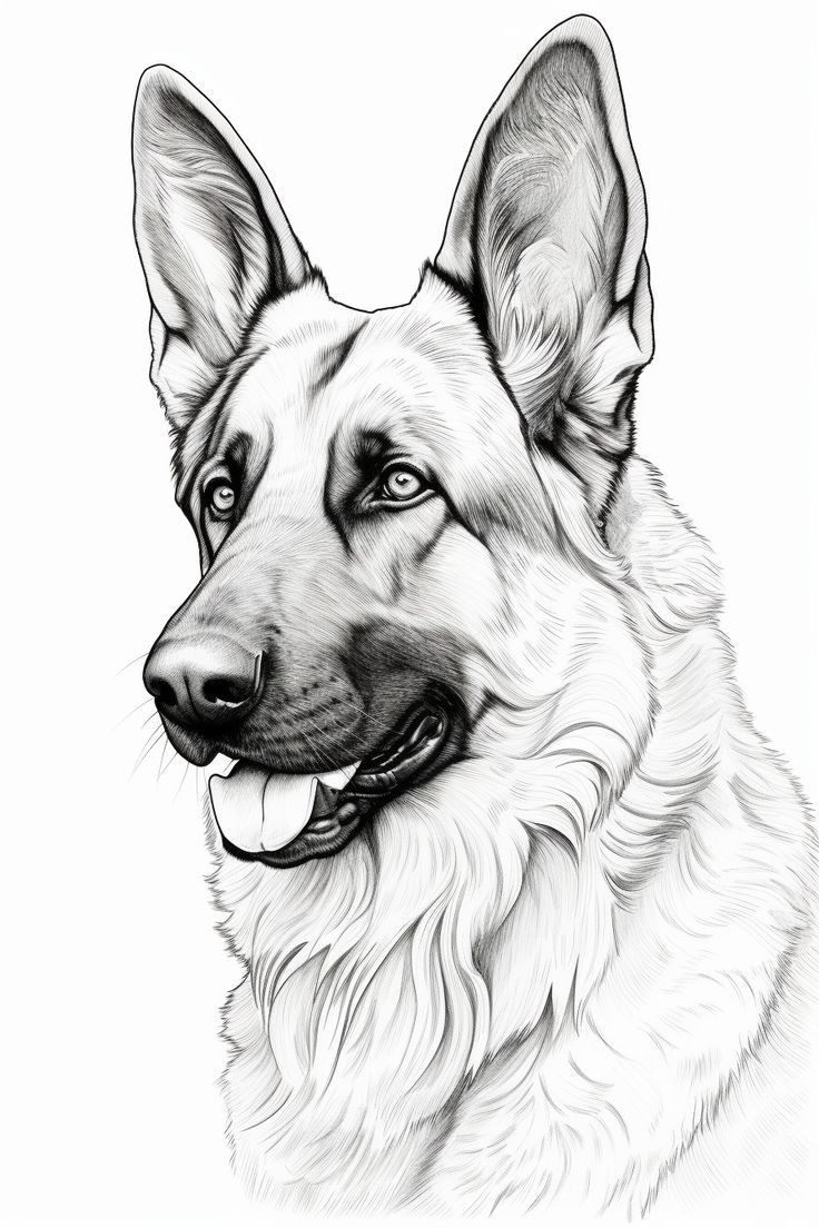 a black and white drawing of a german shepherd dog with blue eyes, long ears and an alert look on its face