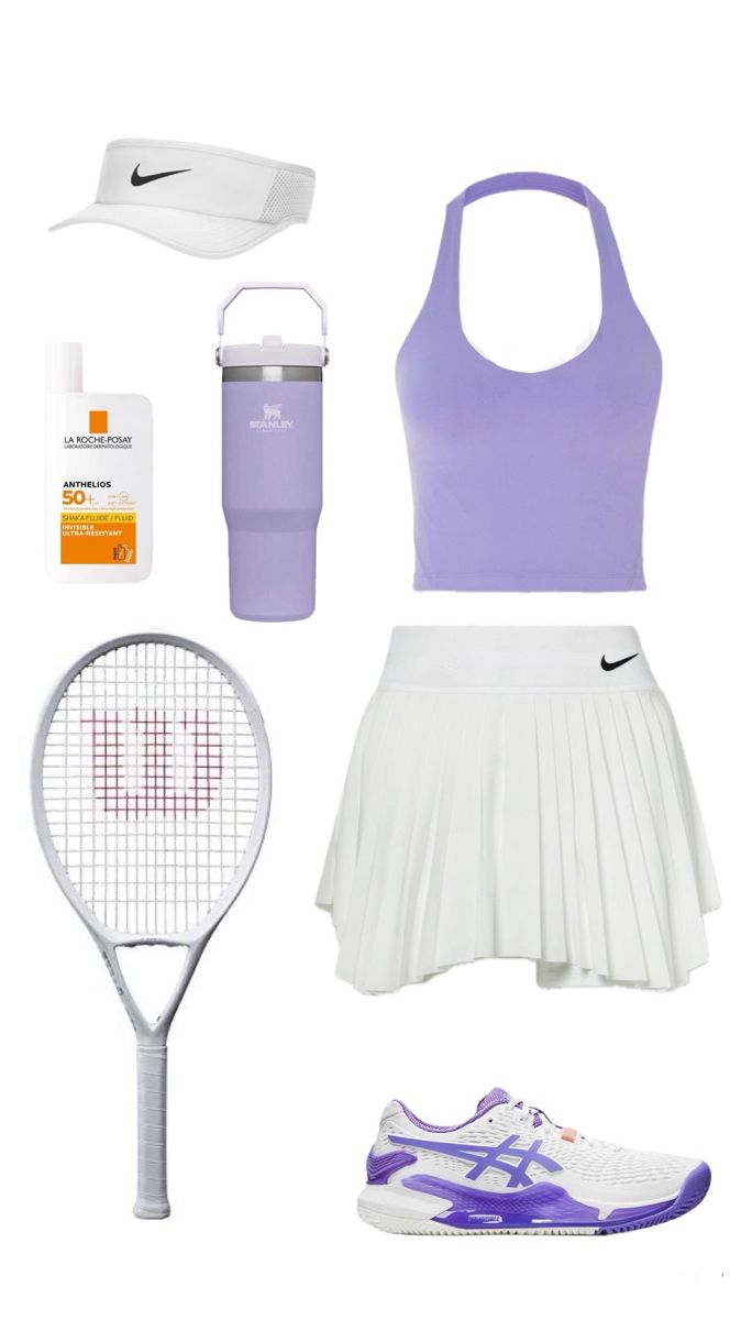 a woman's tennis outfit is shown in purple and white