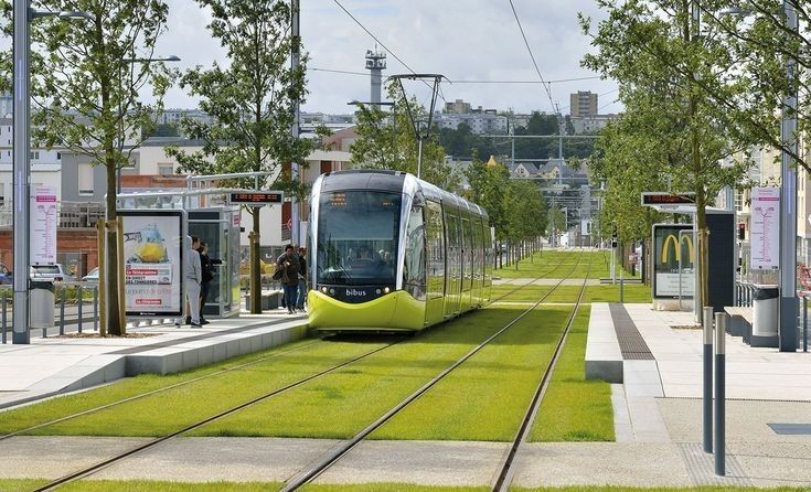 a train on the tracks near some grass