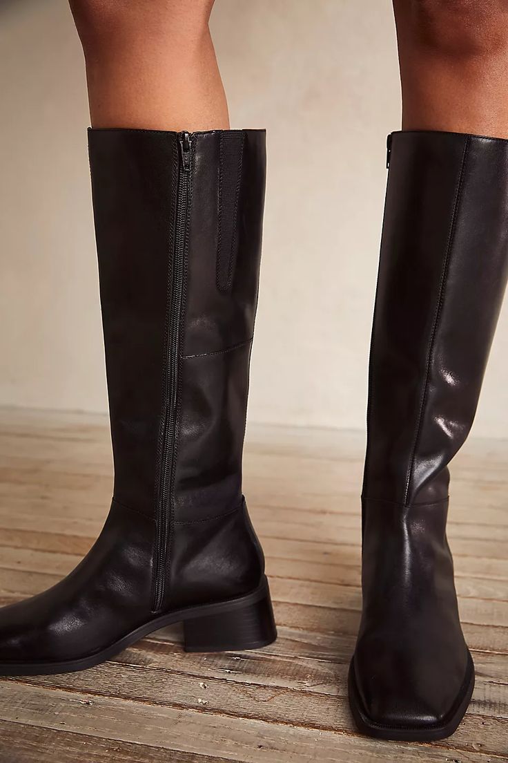 Vagabond Blanca Tall Boots | Free People Square Toe Flat Knee High Boots, Slouchy Knee High Boots, Knee Length Black Boots, Knee High Square Toe Boots, Black Square Boots, Mid Rise Boots Outfit, Square Toe Tall Boots, Sophisticated Alternative Fashion, Black Flat Leather Boots