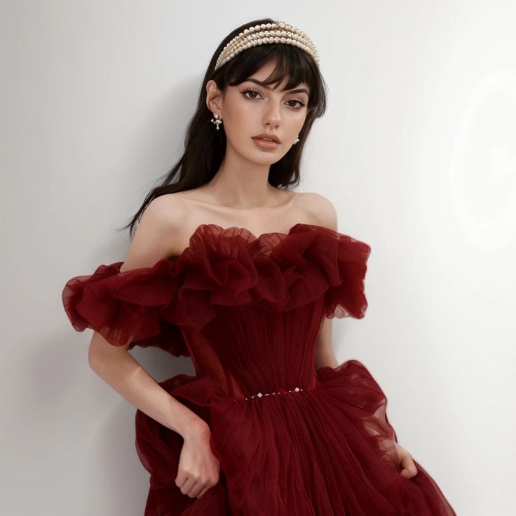 Olivia Mark - Red Shoulder Evening Gown Red Tulle Prom Dress, Tulle Long Prom Dress, Burgundy Evening Dress, Beaded Party Dress, Professional Dress, Tulle Evening Dress, Evening Dresses Elegant, Tulle Prom Dress, Professional Dresses