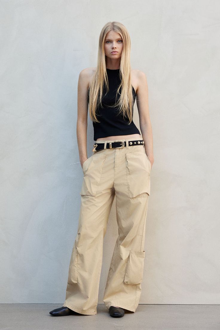 Cargo pants in soft  woven cotton fabric. High waist  zip fly with button  patch front pockets  and patch leg pockets. Straight legs with a pleat at knees for added volume. Cotton Cargo Pants, Woven Cotton, Light Beige, Cotton Weaving, Cargo Pants, High Waist, Straight Leg, H&m, Cotton Fabric