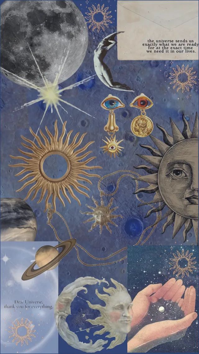 a collage of different pictures with sun, moon and other things in it's center