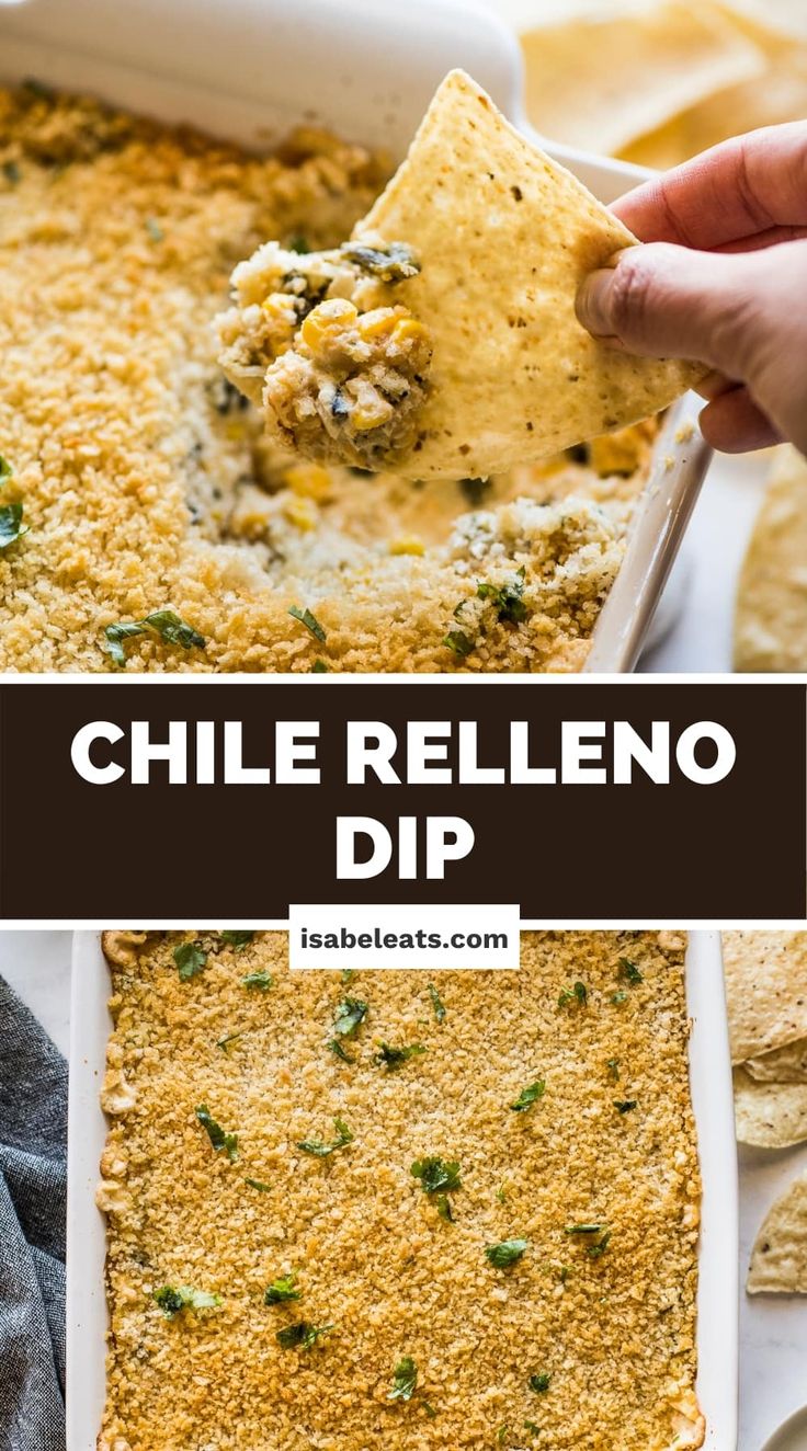 a white casserole dish filled with chili rellen dip and tortilla chips