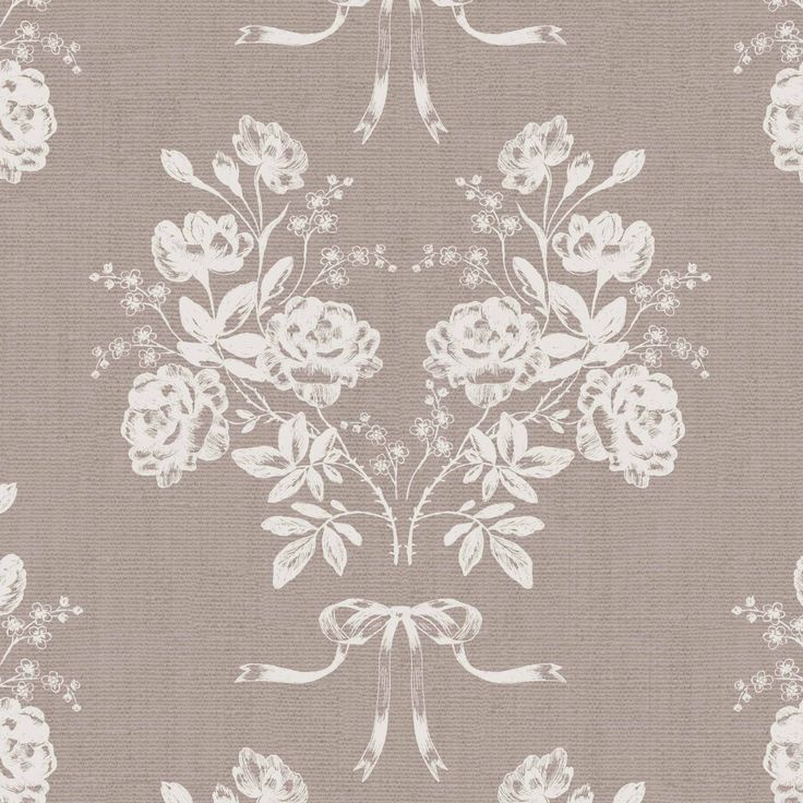 an old fashioned wallpaper with white flowers and bows on grey background, as well as the