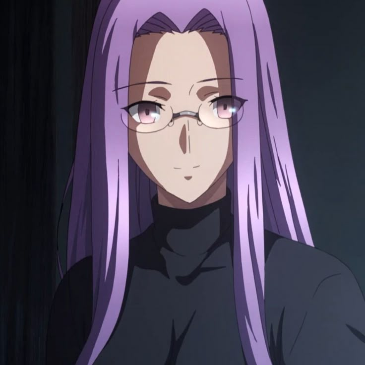 an anime character with long purple hair wearing glasses and a black turtle - neck top