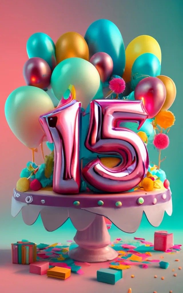 the number fifteen is surrounded by balloons and confetti