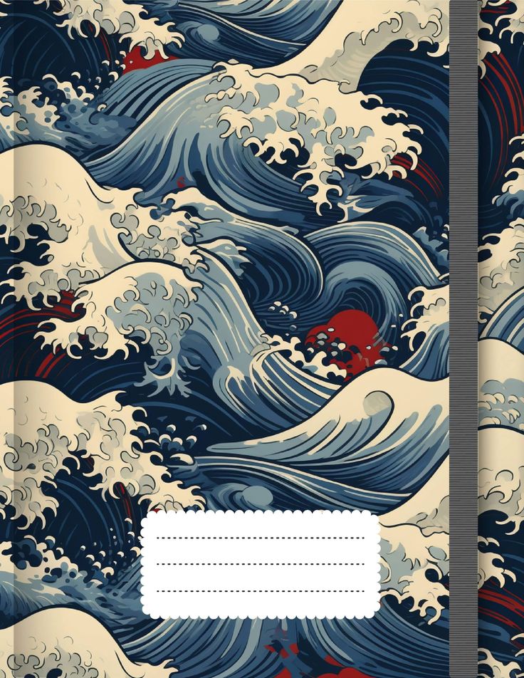 an image of a book cover with waves on the front and back covers in blue, red