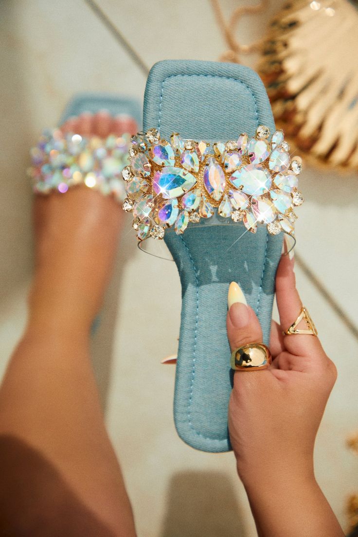 Embellished Summer Beach Sandals, Summer Open Toe Sandals With Rhinestones, Summer Embellished Flat Heel Sandals, Flat Rhinestone Sandals For Summer, Spring Rhinestone Synthetic Flip Flops, Embellished Open Toe Flip Flops For Vacation, Casual Embellished Sandals For Beach Season, Embellished Open Toe Flip Flops For Spring, Summer Vacation Sandals With Rhinestones