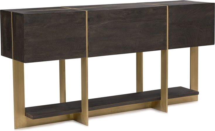 the sideboard is made out of wood and has two shelves on each side with gold legs