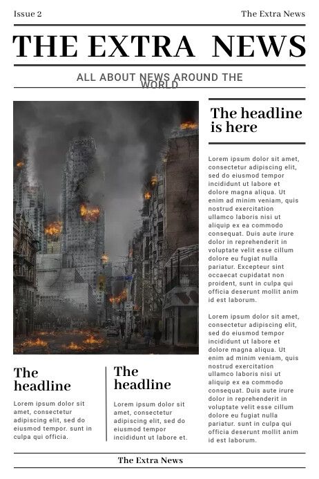 the front page of an extra news paper with a photo of a city on it