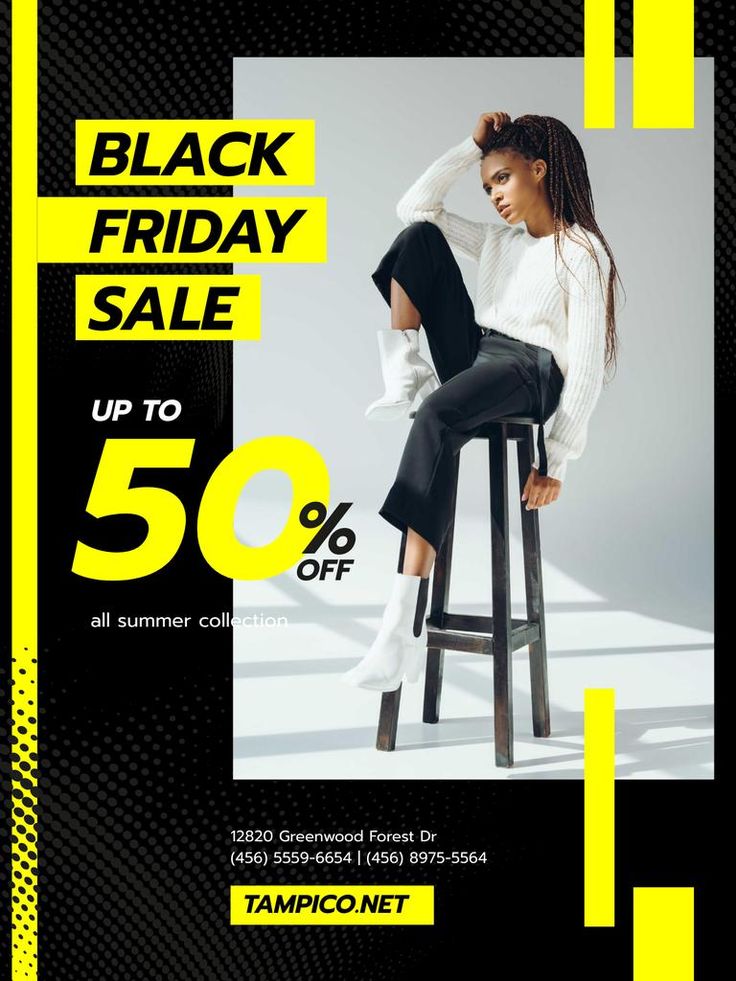 a woman sitting on top of a stool in front of a black friday sale sign