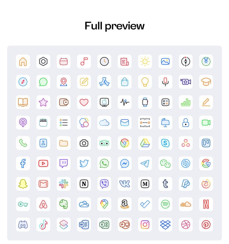 the full view of different colored icons on a white background with text that reads full review