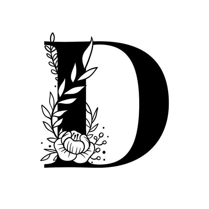 the letter d with flowers and leaves on it's sides is shown in black