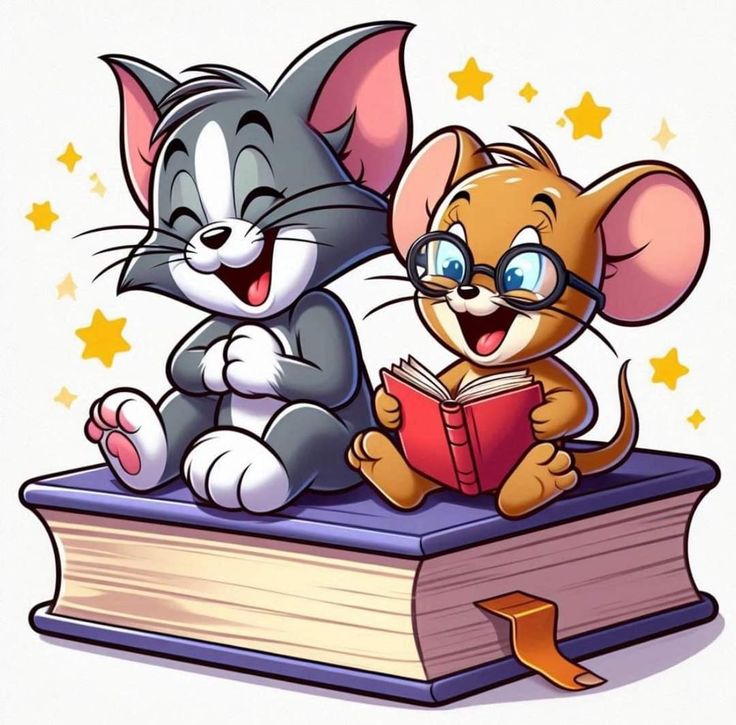 a cartoon cat and mouse sitting on top of a book